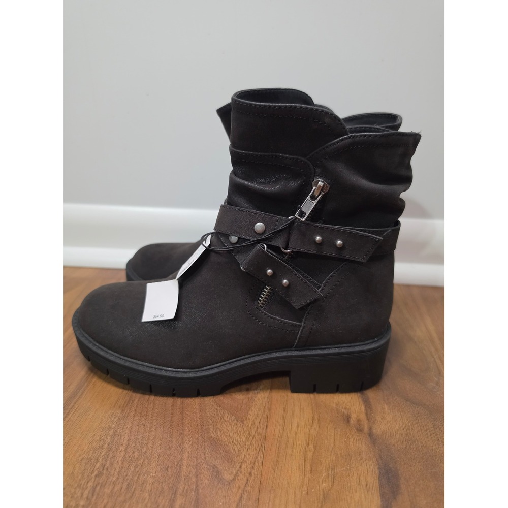 NWT Maurices Arya Ankle Boots 8 Black Moto Slouch Buckle Lug Sole Lug Sole